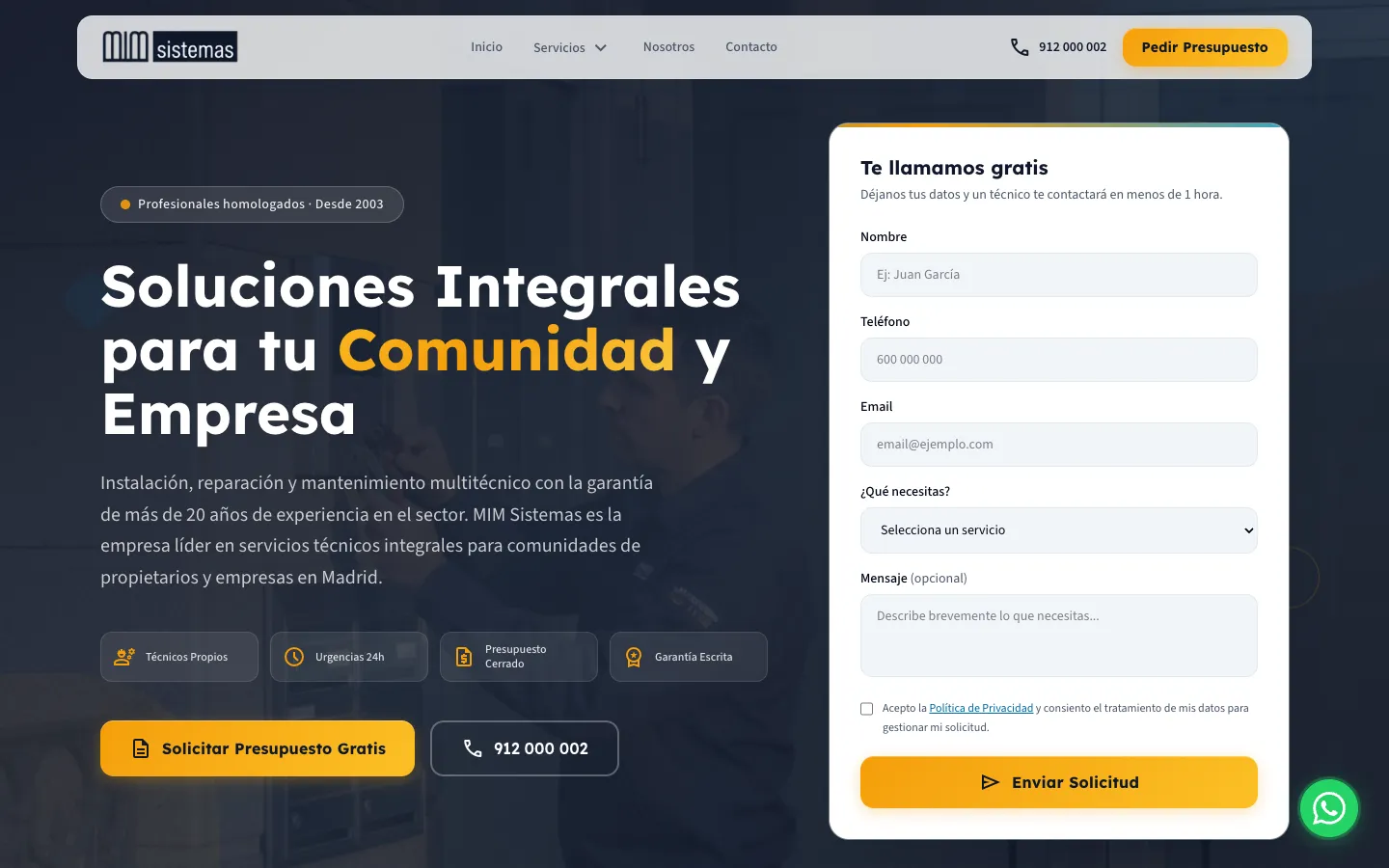Web de MIM Sistemas: captación de presupuestos para comunidades