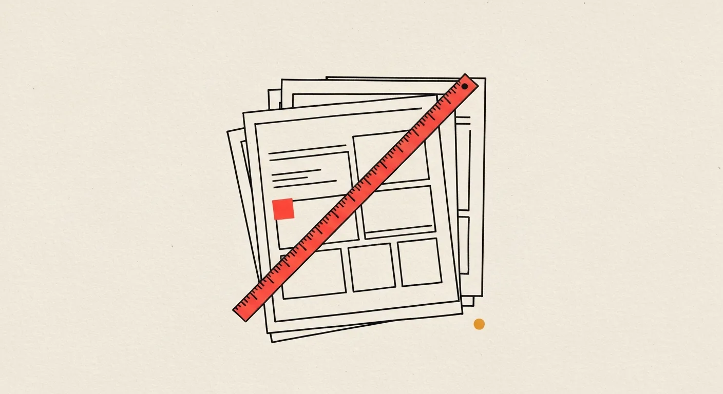 Ilustración editorial: capas de páginas con una regla coral diagonal
